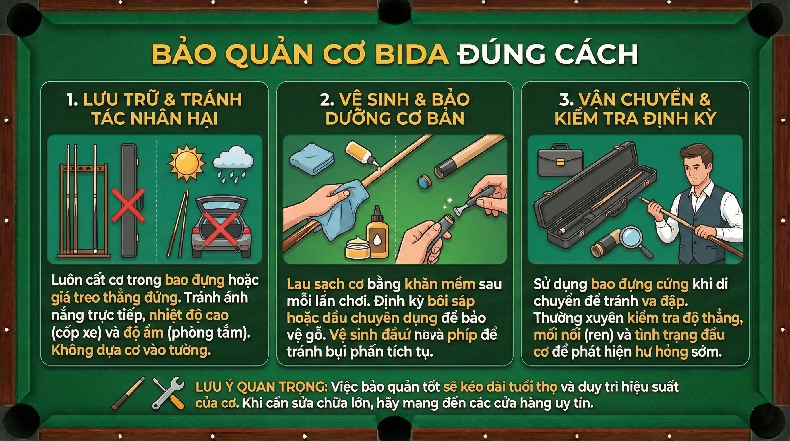 Bảo quản cơ bida đúng cách